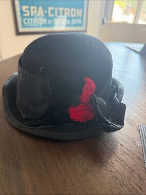 NWT Louise Green Black Wool Felt Bowler Hat with Red Rose Accent